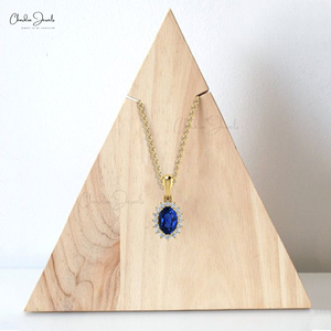 Pendentif en saphir bleu naturel ovale 6x4mm, or jaune 14 carats, diamant, bijoux fins, vente en gros - Product Image 3