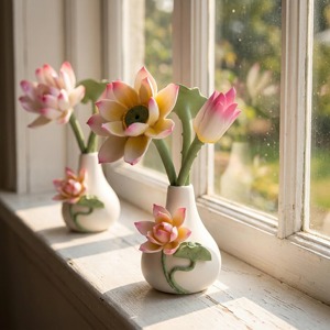 Porcelain Tabletop <b>Vase</b> With Pink Lotus Flowers Traditional Design Painted Glaze Exquisite Durable 8-16 Inches - Product Image 4