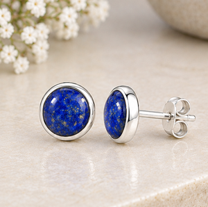 Lapis Lazuli <b>Silver</b> <b>Stud</b> <b>Earrings</b>, Natural Lapis Lazuli Gemstone <b>Earrings</b>, 925 <b>Sterling</b> <b>Silver</b> Round <b>Studs</b>, Blue Stone <b>Earrings</b>, - Product Image 2