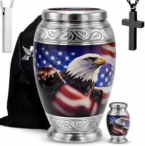 Urne funéraire American Eagle pour cendres humaines adultes, finition argentée avec motif drapeau, ensemble d'urnes commémoratives décoratives - Product Image 1