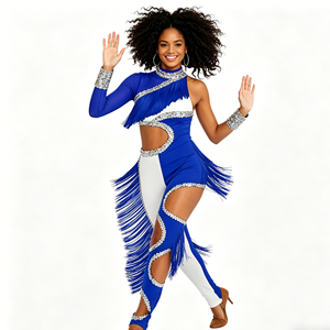 Uniforme de Animadoras con Flecos de Pedrería Azul y Logotipo Frontal para Mujeres y Niñas, Ropa de Baile de Alto Rendimiento en Spandex/Algodón - Product Image 1