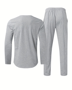 Men's Gray Long Sleeve T-Shirt Pants Set Crew Neck Solid Color Casual Knitted Breathable Comfortable Summer Wear Customizable - Product Image 3