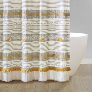 Tenda da doccia con stampa a righe in cotone con nappa accessorio da bagno elegante e resistente - Product Image 5