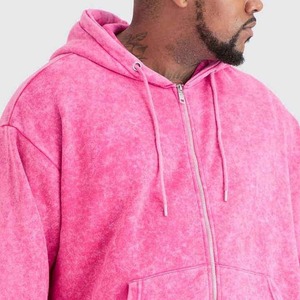 Men's <b>Pink</b> Fleece Hooded Zip-Up <b>Tracksuit</b> Full Sleeve Loose Fit Casual Winter Wear Solid Color Side Pockets 100% Polyester - Product Image 4