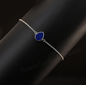 Trendy Natural Lapis Lazuli Gemstone 7x9mm Pear Bezel Solid 925 Silver Rhodium <b>Adjustable</b> Chain Minimalist <b>Bracelet</b> For Women - Product Image 1