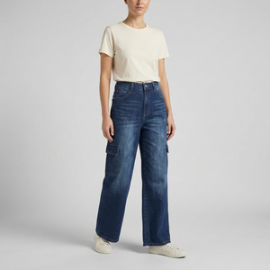 Women's <b>High</b> <b>Waist</b> Stonewashed Denim <b>Cargo</b> Pants Loose Fit Knee Length Casual Style Solid Color Cotton Fabric - Product Image 3