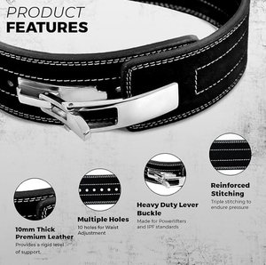 Ceinture de musculation pour hommes et femmes, noire, 10 mm d'épaisseur, 4 pouces de large, en cuir de vachette avec fermeture à boucle pour soulevés de terre, squats et entraînements en salle de sport - Product Image 2