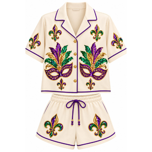 Women's Beige Full Sleeve <b>Short</b> <b>Set</b> with Sequined Embroidery Turn Down Collar Spring/Summer Wholesale Women's <b>Top</b> & <b>Short</b> <b>Set</b> - Product Image 2