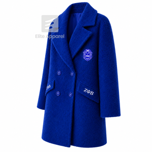 Manteau long en laine personnalisé de la sororité Zeta Phi Beta, logo brodé sur le devant, bleu et blanc, manches longues, pour femme. - Product Image 2