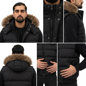 Men's Black <b>Hooded</b> Puffer <b>Jacket</b> <b>Fur</b> Trim Breathable Zipper Closure Windproof Cotton Filled Casual Streetwear Winter Wear - Product Image 6