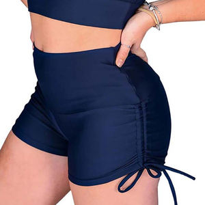 Women's <b>Navy</b> High Waist Shorts Solid Color Sporty Style With Side Tie Detail Quick Dry Knitted Fabric - Product Image 3