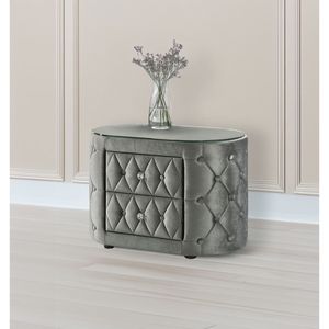 Table de chevet ovale luxueuse en peluche grise avec plateau en verre trempé de 8 mm et deux tiroirs de rangement arrondis - Product Image 1