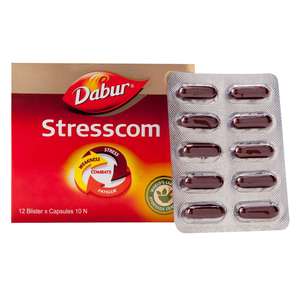 Complément Herbal Dabur Stresscom (10 Capsules) Fabriqué en Inde Bouteille en Verre pour l'Immunité et la Force Durée de Conservation de 5 Ans - Product Image 1
