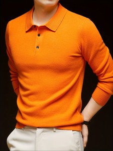 Suéter Polo para Hombre, Primavera/Otoño, Color Sólido, Cuello con Botones y Cierre de Media Abertura, Manga Larga, Estilo Casual de Negocios, Básico Diario - Product Image 2