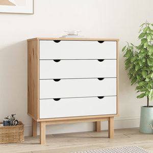 Armoire à tiroirs en bois de pin moyen brun et blanc massif pour salon - Product Image 1