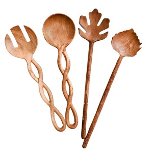 Ensemble de service à salade en bois d'olivier fait main, écologique, avec cuillère et fourchette à manche torsadé, ustensiles de cuisine pour mélanger et servir - Product Image 1
