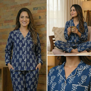 Ensemble de pyjama thermique en coton indigo tissé pour femme, style traditionnel, fait main, réversible, col en V, vêtement de détente, vente en gros - Product Image 6