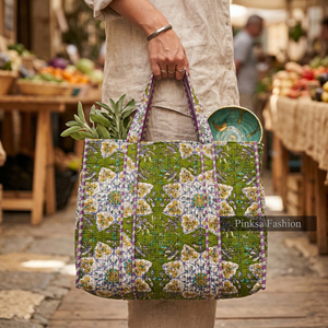 กระเป๋าโท้ทลายดอกพิมพ์ลายบล็อกอินเดียแบบควิลท์สำหรับผู้หญิง ขนาดใหญ่ เป็นมิตรกับสิ่งแวดล้อม เหมาะสำหรับฤดูร้อน ฤดูใบไม้ร่วง ฤดูหนาว ขายส่ง รับผลิตตามสั่ง - Product Image 4