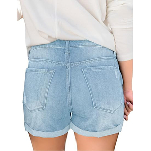 Shorts en jean déchiré rouge taille mi-haute avec braguette boutonnée et ourlet effiloché, style décontracté pour femme - Product Image 6