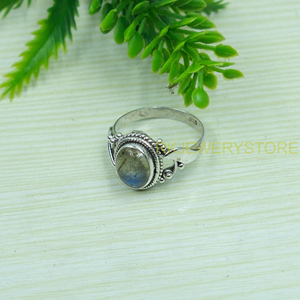 Bague en argent sterling 925 avec labradorite bleue naturelle, faite à la main, style bohème vintage, cabochon rond, pierre précieuse, pour femme - Product Image 3