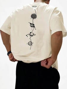 Oneten Apparel T-shirt beige à manches courtes et col rond pour homme, imprimé Space Planet, décontracté - Product Image 2