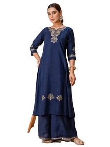 Women's <b>Navy</b> Blue <b>Silk</b> Blend Salwar Kameez Zari Embroidery Traditional Indian Pakistani Wear Loose Fit Party Winter Reversible - Product Image 3