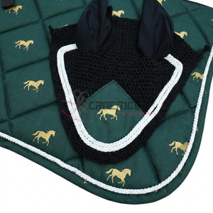 Premium Leopard Equestrian Set Shock Absorbing <b>Quilted</b> saddle Pad with Matching Fashion Fly Veil Ear Net for Equestrian use - Product Image 4