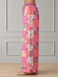 Pantalones Palazzo de Pierna Ancha con Estampado Patchwork de Calidad Premium, Cintura Alta con Cordón, Pantalones de Playa de Verano, Estilo Casual Holgado Boho - Product Image 3