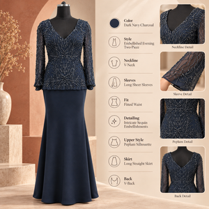 Robe de soirée élégante noire à col en V et perles |   Robe de soirée chic mi-longue à manches courtes, coupe trapèze, avec ourlet en dentelle transparente et design orné - Product Image 5