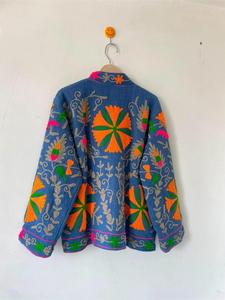 Vintage Blue <b>Velvet</b> Embroidered Suzani <b>Jacket</b> With Floral Pattern Full Sleeve Stand Collar Bohemian <b>Women</b> Winter Outerwear - Product Image 5