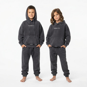Fashion Kids Acid Wash Tracksuit Oversize Hoodie And Jogger Set Drop Shoulder Style Wholesale Garment Supplier - Product Image 5