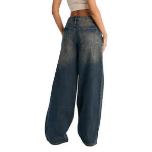 Jean en denim bleu foncé pour femme, coupe large, taille mi-haute, décontracté, ample, 100 % polyester, style vintage, longueur complète, mode quotidienne, XS - Product Image 2