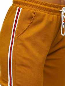Pantalones cargo planos tejidos de invierno para mujer, de forro polar color mostaza, bordados, de cintura alta, con cremallera, de color liso, de corte regular, informales - Product Image 4