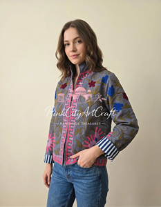 Handcrafted Grey Velvet Suzani Embroidery Woven Breathable Eco-Friendly Premium <b>Quilted</b> Winter Jacket Boho Chic Women Full - Product Image 3