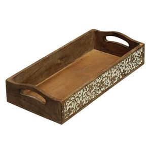 Bandeja de Servir Hecha a Mano de Madera de Mango con Diseño Floral Antiguo Recortado |   Bandeja Rectangular Decorativa de Madera con Asas Ergonómicas - Product Image 1