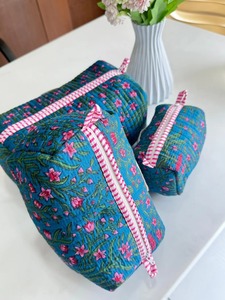 Juego de Bolsas Cosméticas Acolchadas Hechas a Mano con Estampado Floral Azul y Rosa, Estilo Bohemio, Cierre de Cremallera, Bolsas de Viaje Portátiles - Product Image 3