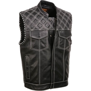 <b>Men's</b> Premium Genuine Cowhide Leather Motorcycle <b>Vest</b> Diamond Quilted Club Style Biker <b>Vest</b> with <b>White</b> Contrast Stitch - Product Image 1