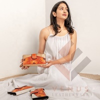 Tas genggam kulit sapi wanita, dompet gelang kulit sapi kualitas tinggi untuk musim panas Logo lapisan katun bergaya gaya Barat