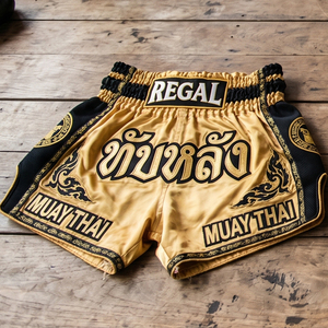 Pantalones Cortos de Muay Thai Regal Three, Camuflaje con Detalles Dorados, Impresión por Sublimación, 100% Poliéster, Ropa de Artes Marciales - Product Image 4