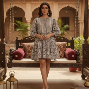 Mini-robe noire et blanche imprimée à la main, tunique courte en coton pour l'été, robe ethnique bohème pour femme, vêtements festifs artisanaux indiens - Product Image 1