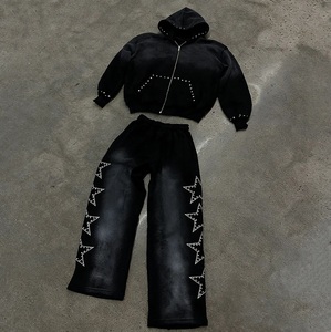 Survêtement zippé en molleton French Terry délavé au soleil pour homme, avec pantalon de survêtement personnalisé en molleton, effet délavé à l'acide et strass, pour la mode et les défilés - Product Image 2