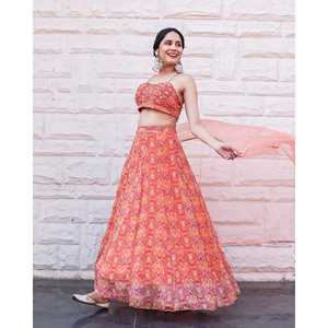Ensemble Lehenga Choli en Chiffon Pur Rose Pêche à Motifs Floraux avec Dupatta, Impression Numérique, Taille XS, Idéal pour les Mariages - Product Image 3