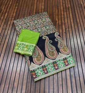 Sari Tradicional Indio de Seda con Diseño Paisley Bordado en Verde y Negro, Traje de Boda para Mujer - Product Image 1