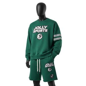 Ensemble sweat-shirt et short en molleton riche en coton 320 GSM pour homme, vert forêt, avec empiècements rayés et logo imprimé en relief. - Product Image 1