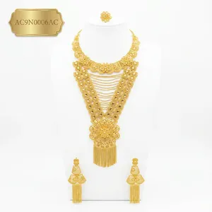 African <b>Bridal</b> Layered 18K Gold Plated Statement Necklace Set With Tassel Earrings & ring For Women's Fashion - Product Image 2
