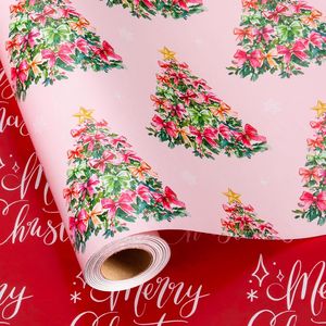 Rotolo di Carta da Regalo Rosa con Alberi Verdi, Fiocchi e Scritte Rosse 'Merry', Carta da Regalo Reversibile per Natale e Capodanno - Product Image 2