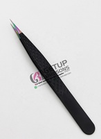 Pince à épiler professionnelle GETUP BROSONS IMPEX en acier inoxydable, fine et droite, avec pointe plasma arc-en-ciel et revêtement noir en poudre