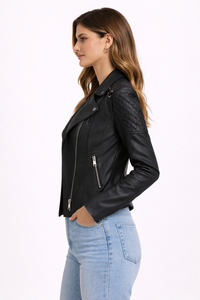 Women Black Faux Leather <b>Biker</b> <b>Jacket</b> Quilted Shoulder Casual Street Style <b>Jacket</b> for Best Wholesale Price - Product Image 2