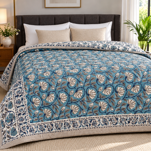 Couette Jaipuri à imprimé floral turquoise |   Razai réversible en coton Mulmul taille King avec rembourrage en coton pur de 2 kg et finition matelassée à la main - Product Image 1