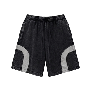 Shorts de survêtement pour hommes, coupe oversize, style gothique vintage, color block, en velours côtelé épais 330 GSM, couleur unie, délavé effet neige - Product Image 2